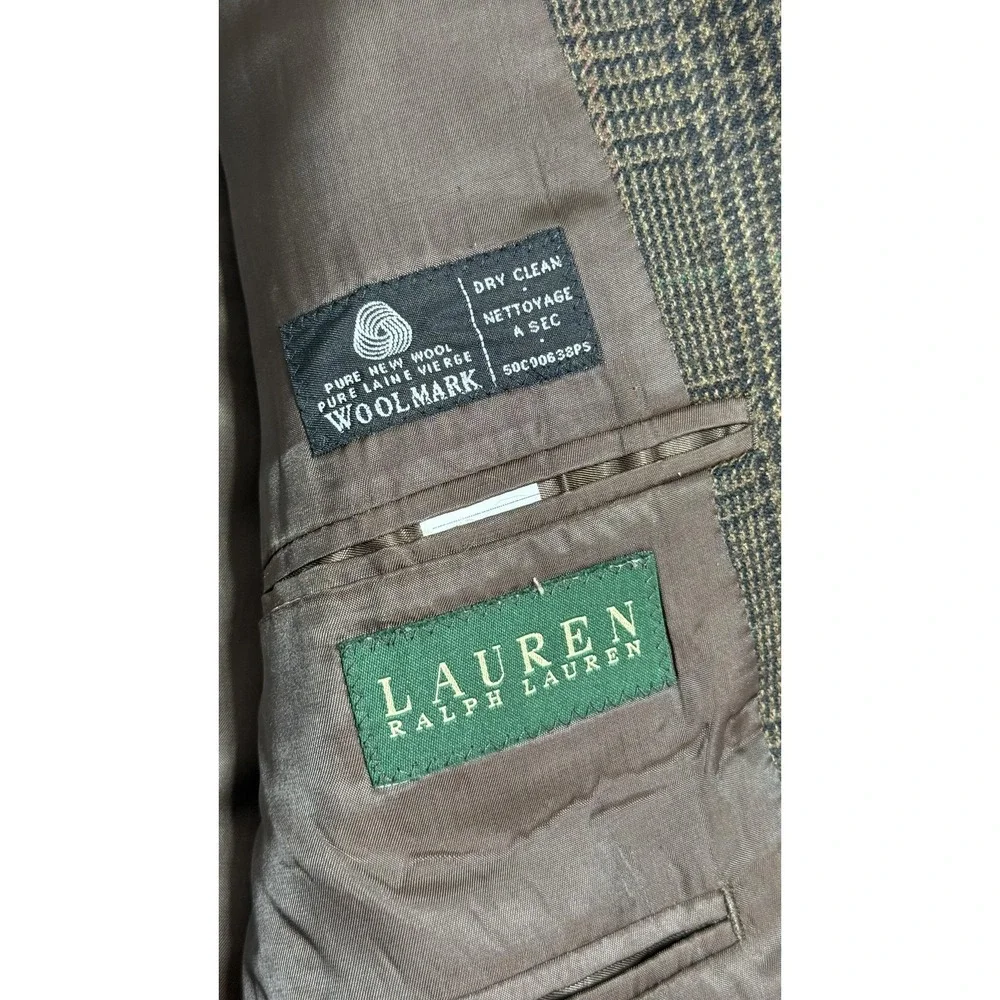 Lauren Ralph Lauren‎ Blazer Mens 38 Brown Wool Plaid Two Button Sport Coat Tweed